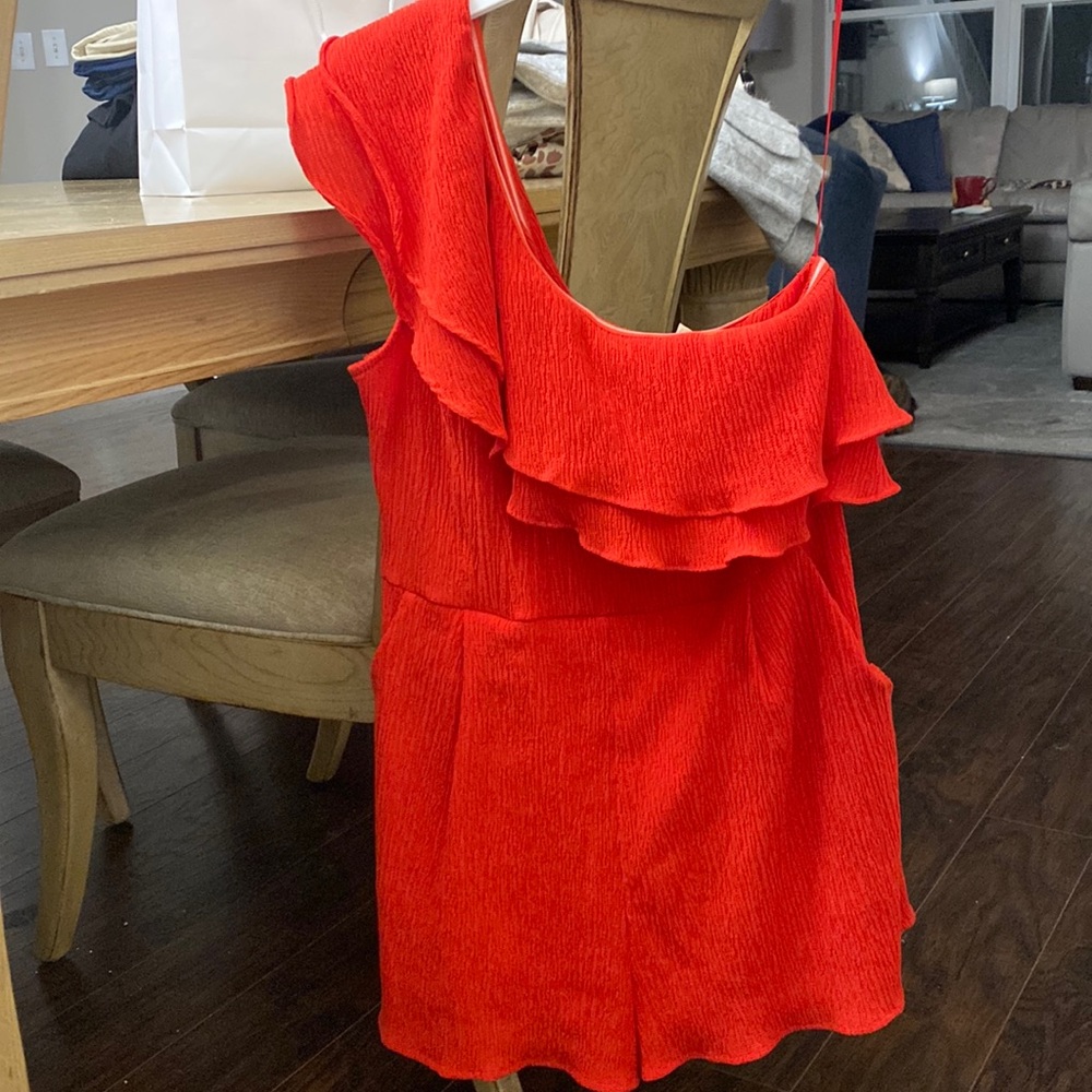 Red, one shoulder, romper.